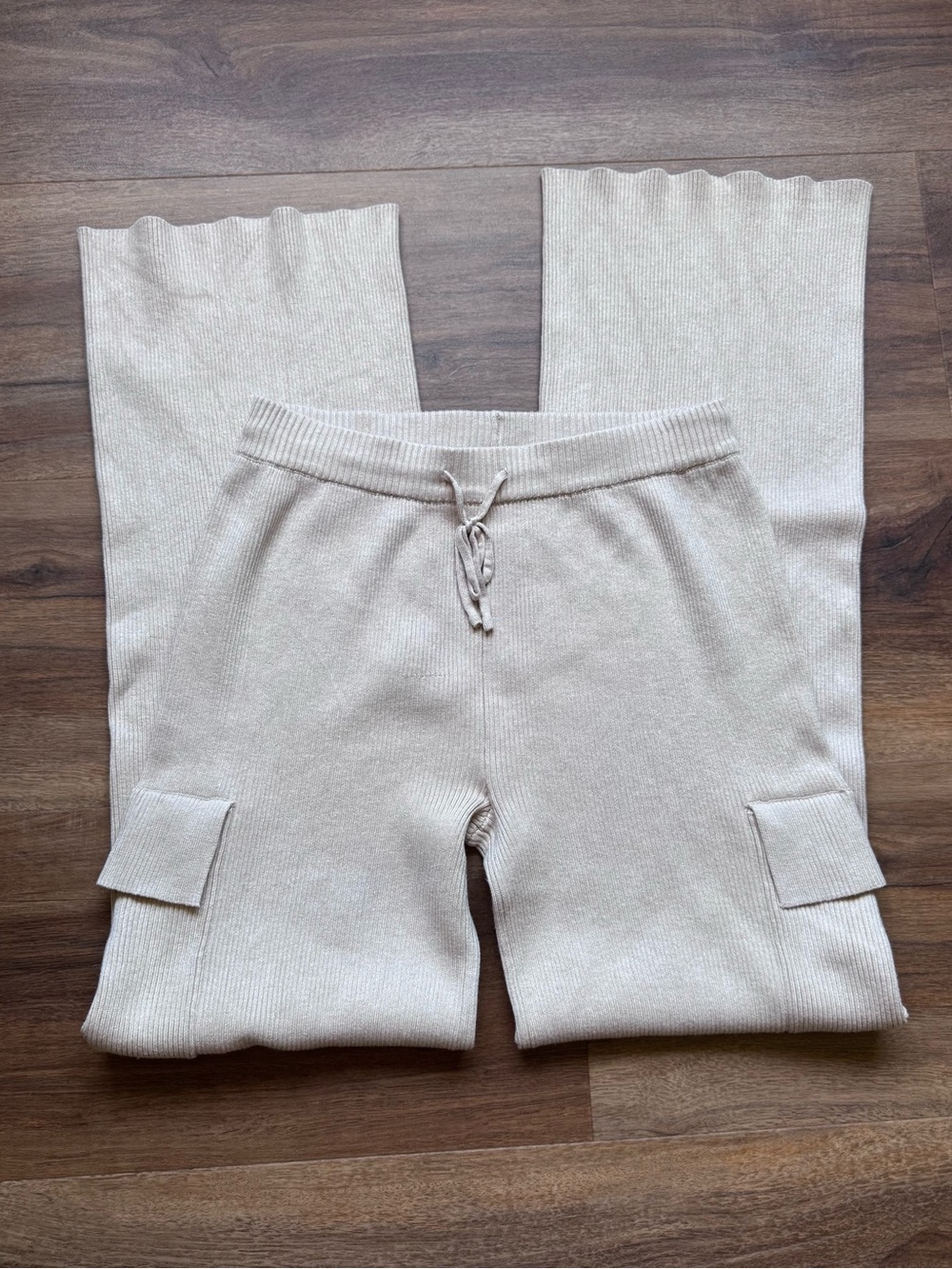 Pink Rose Cream Ribbed Knit Flare Pants with Cargo Pockets